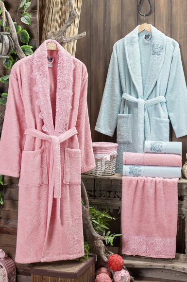 Fransız Gipürlü Bornoz Seti  Gül Kurusu / Mavi