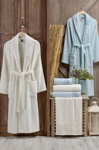 Fransız Gipürlü Bornoz Seti  Krem / Mavi